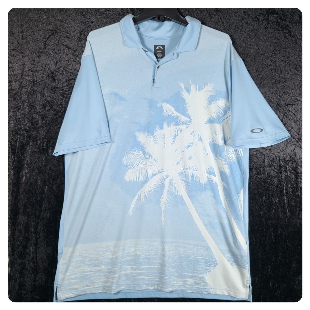 Oakley Hydrolix Mens 2XL Light Blue Palm Tree Tropical Golf Polo FOA404359